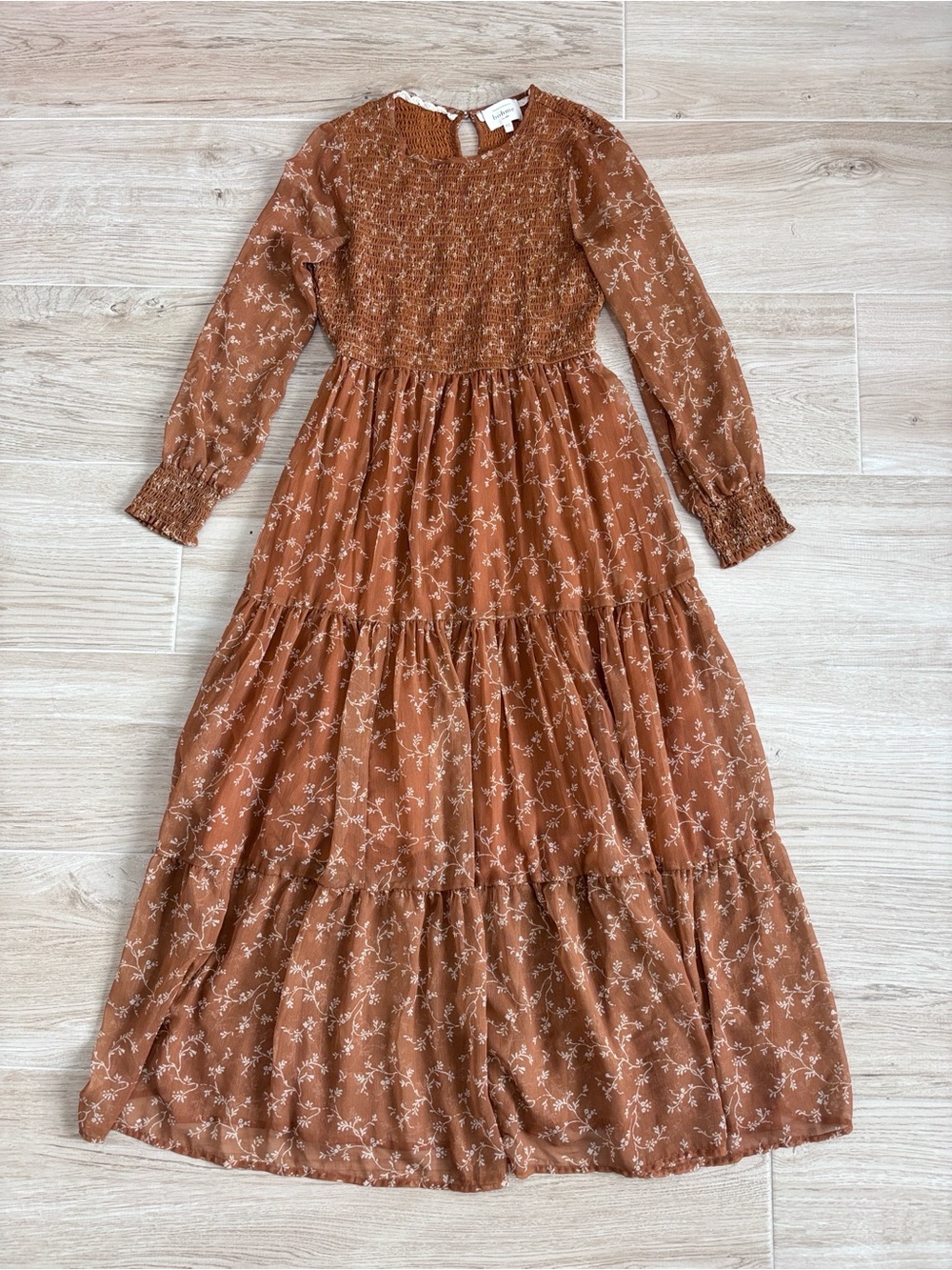 Bohme Floral Boho Long Sleeve Tiered Midi Maxi Dress Rust Brown Women’s Size XS